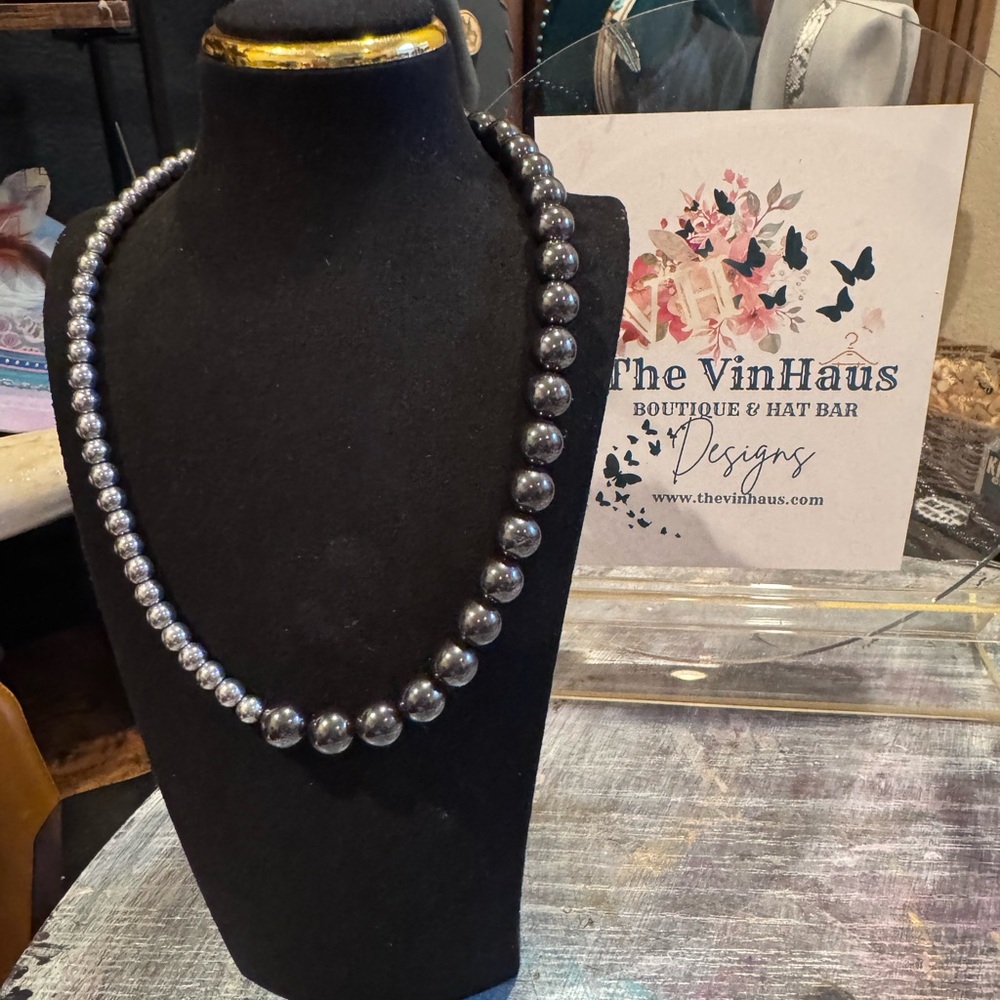 Silver and Gunmetal Hematite Hand Beaded Necklace Adjustable Slip Chain